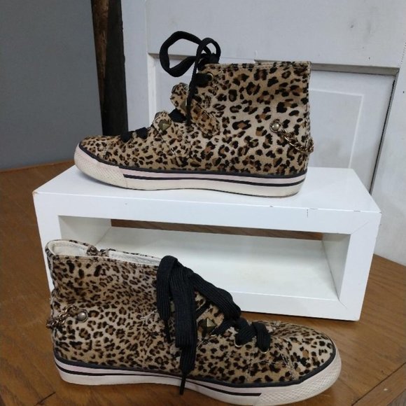 Arizona Jean Co. Leopard Print Hi-Top Sneakers-Size 8M Skull chains - Picture 1 of 9